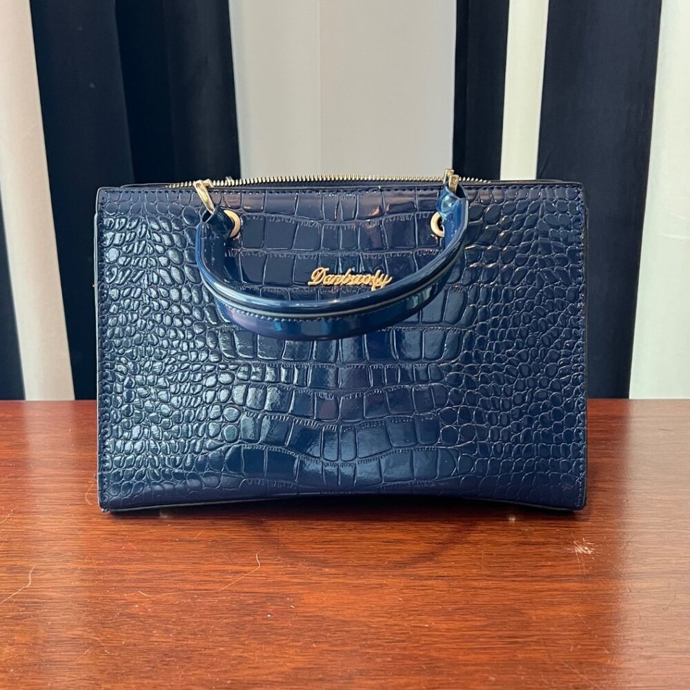 Danbaoly Navy Blue Faux Croc Embossed Patent Leather Satchel Structured Purse